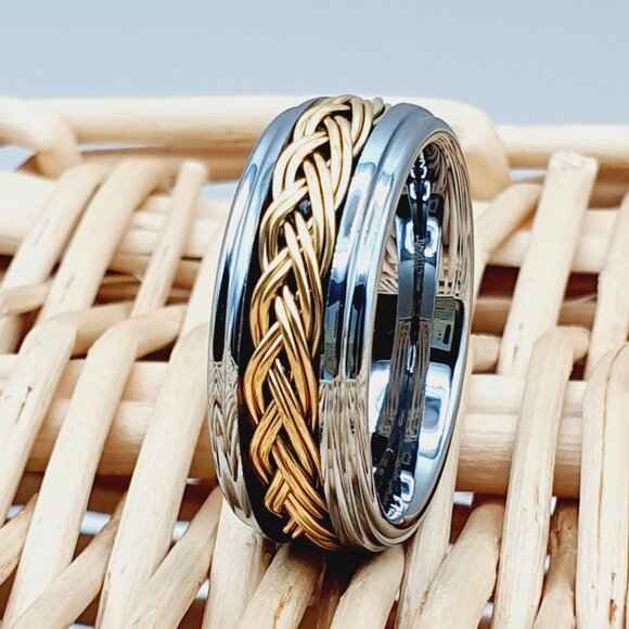 Tungsten Men's Ring with Yellow Gold Braided Inlay, GALTUN683 - Picture 1 of 5